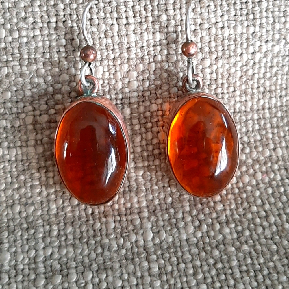 Amber and Copper Handmade Earrings, signed